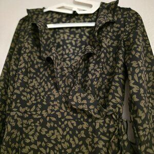 Vero Moda XS Green Black Long Sleeve Wrap Asymmetrical Patterned Midi Dress